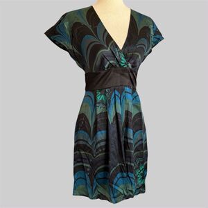 Express Silk Empire Waist Mini Dress XS Y2K Kimono Wrap Tunic Pleated Black Teal